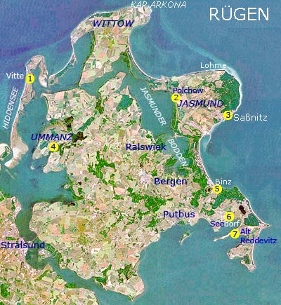 Mapa de Rügen, con designación de unos restaurantes
