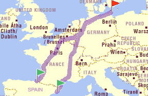 Mapa del trayecto en coche de España a Rügen